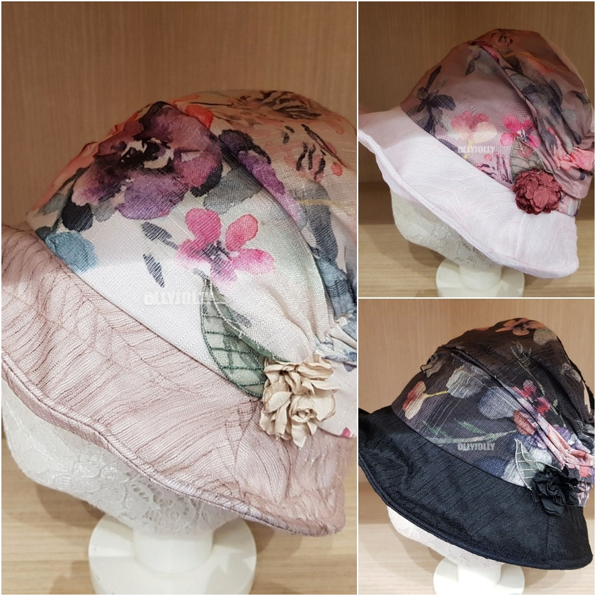 화사한 할머니 여름 모자 꽃 장식 수채화 쉬폰 모자