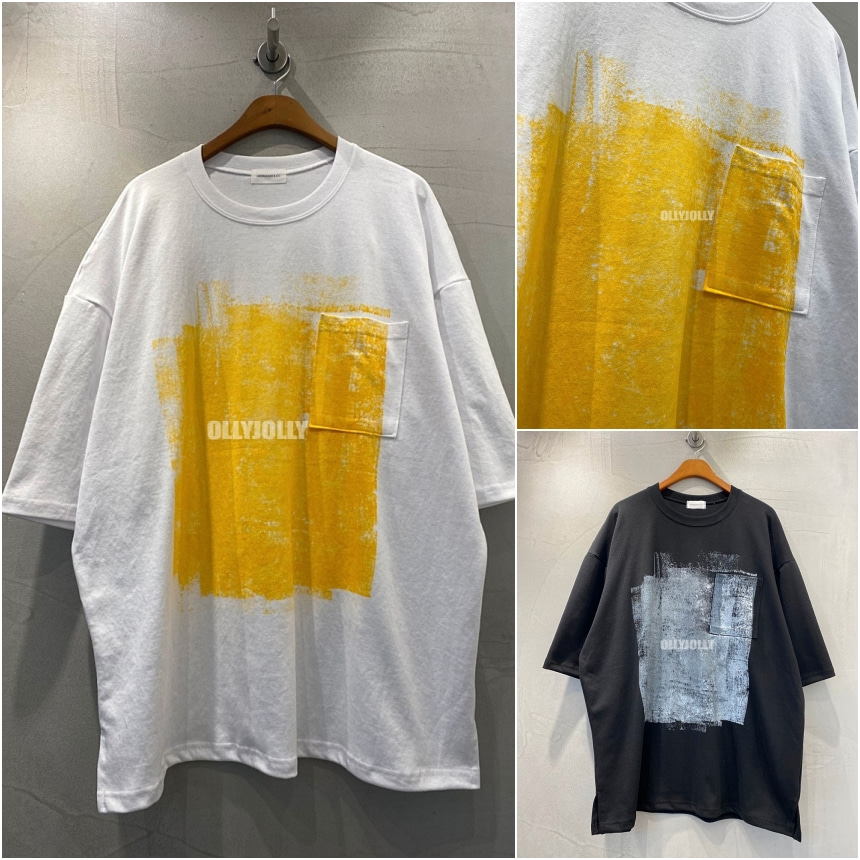 남자 브러쉬 페인트 오버핏 반팔 롱티셔츠 유니크 오버핏 티셔츠 옐로우 M올리졸리3a2s48