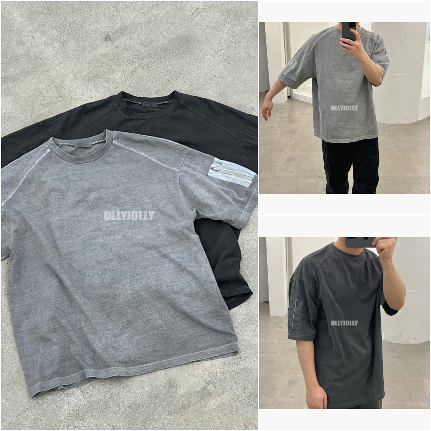 남자 피그먼트 오버핏 반팔 티셔츠 포켓 지퍼 반팔티 올리졸리3A5T59
