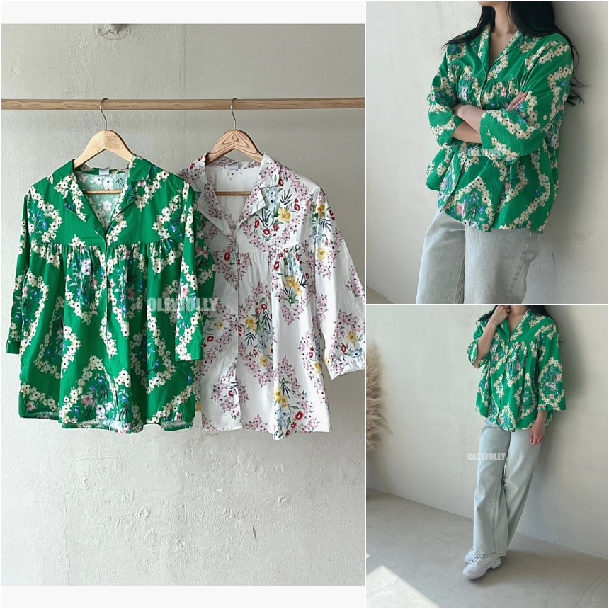 초록색 셔츠 오픈 카라 여름 꽃 남방 올리졸리3A5W10