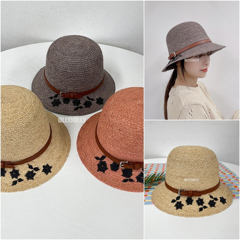 벨트 라피아 모자 꽃 자수 라탄 모자 핑크 라피아햇 올리졸리3M4F59